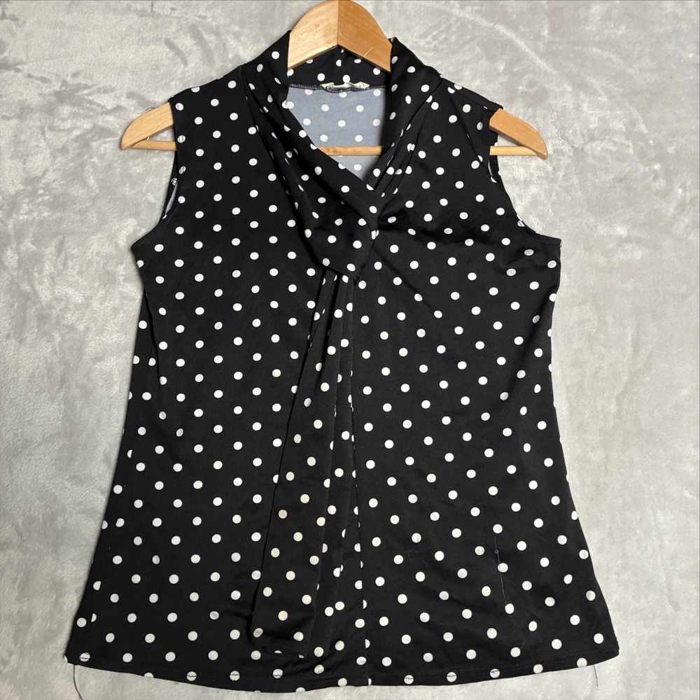 Tiffany & Grey Black White Polka Dot Cowl Neck Sleeveless Blouse Petite Medium